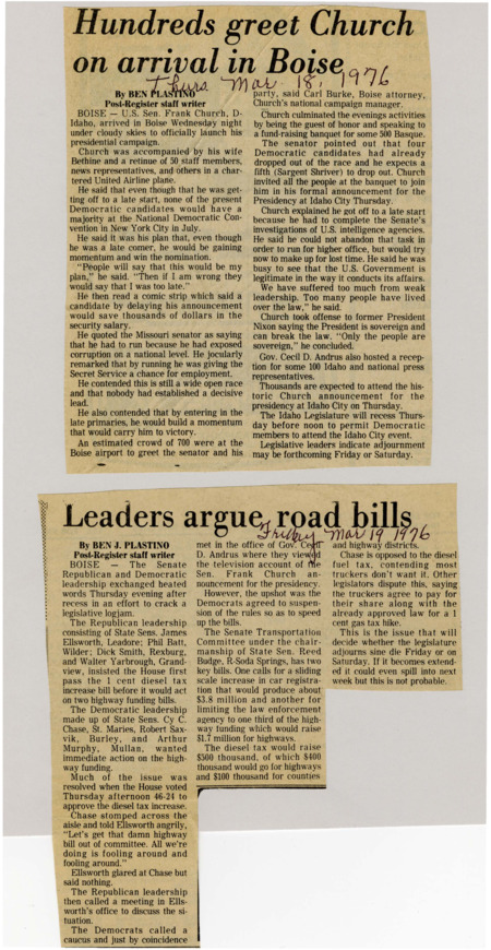 A newspaper article discussing: Senator Frank Church of Idaho launched his presidential campaign in Boise, emphasizing that despite a late start, he would build momentum to secure the Democratic nomination. He explained his delay was due to his Senate investigations into U.S. intelligence agencies, which he felt were crucial. Church criticized weak leadership and stressed the importance of the rule of law in his speech to a fundraising event.