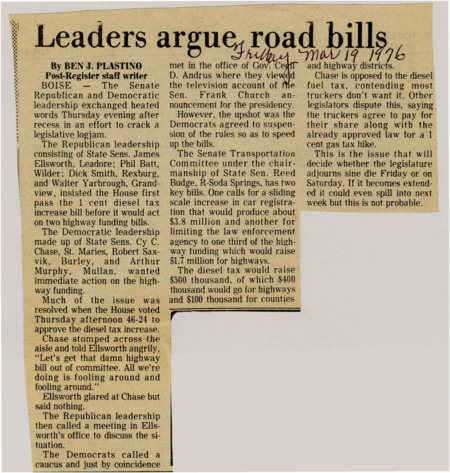 A newspaper article discussing: Idaho Senate leaders clashed over whether to pass a diesel tax increase or highway funding first. The House approved the diesel tax, but Democrats pushed for immediate highway funding action. This disagreement led to meetings to decide if the legislature would adjourn or extend.