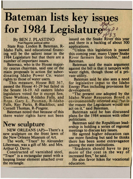 A newspaper article discussing: In 1984, Idaho Rep. Linden B. Bateman emphasized the importance of education funding and water rights issues in the upcoming legislative session. He proposed House Bill 367 to prioritize local water users' rights over Idaho Power Co.'s, but the bill failed in the Senate. Bateman also called for increased fees for higher education and vocational training, suggesting that students should contribute more to funding.