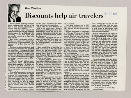 A newspaper article discussing: Senior citizens aged 62 and older can access discounted airfares, with round-trip prices as low as $184, lower than regular fares. Airlines like Delta offer special deals, including options for multiple flights at discounted rates, with senior-friendly packages for frequent travelers. Popular destinations such as Idaho Falls, Boston, and Disney World are seeing a rise in senior passengers taking advantage of these offers.
