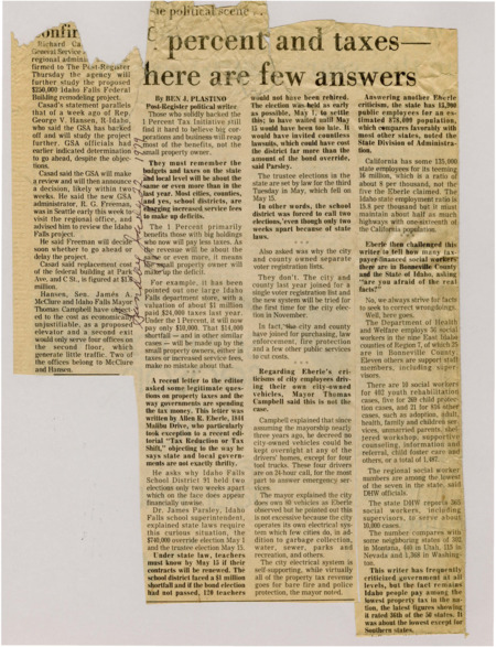 A newspaper article discussing: The 1 Percent Tax Initiative in Idaho primarily benefits large corporations, shifting the tax burden onto small property owners through higher taxes and service fees. Concerns about government spending, including multiple elections and city vehicle use, are addressed with explanations from local officials. Despite these criticisms, Idaho maintains one of the lowest property tax rates in the nation.