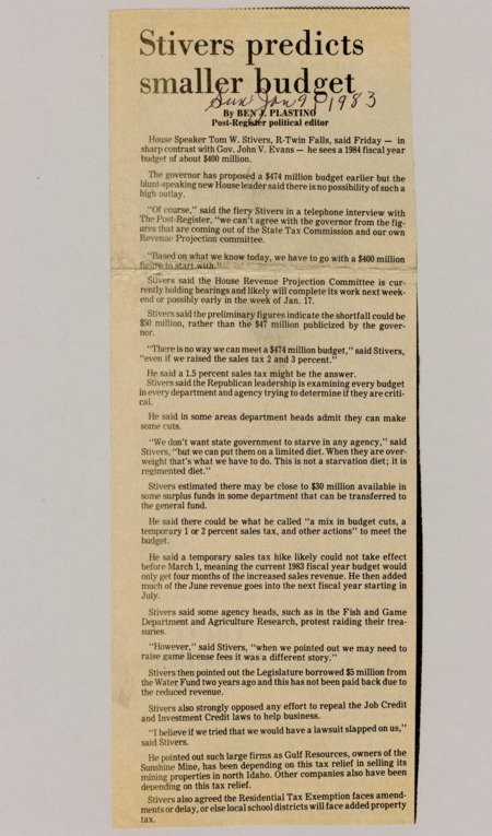 A newspaper article discussing: House Speaker Tom W. Stivers opposed Gov. John V. Evans' proposed $474 million budget, advocating for a lower $400 million plan due to revenue shortfalls. He suggested budget cuts, surplus fund transfers, and a temporary sales tax increase to bridge the gap. Stivers also opposed repealing business tax credits and indicated potential changes to the Residential Tax Exemption.