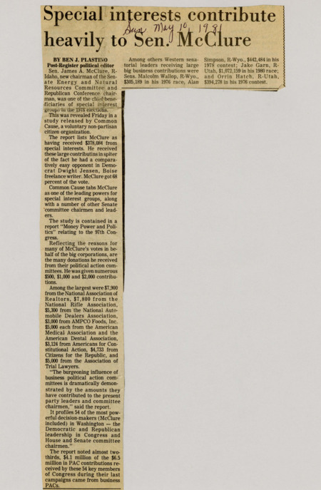 A newspaper article discussing: A study by Common Cause shows that Senator McClure and other politicians received large donations from special interest groups. McClure got $378,084, even though his opponent wasn't strong. The report highlights how business PACs are having more influence on politics.