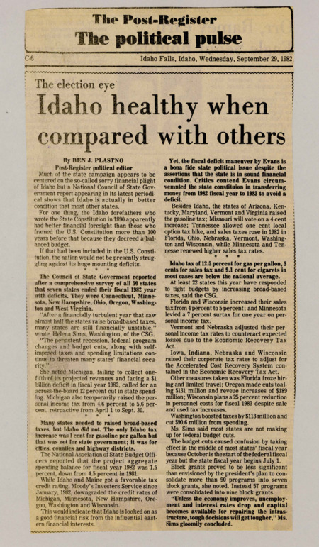 A newspaper article discussing: Idaho is in a better financial position than many other states, with a balanced budget required by its constitution. While states like Michigan and Minnesota faced deficits and raised taxes, Idaho did not implement major tax hikes. The article highlights the financial challenges states face amid the ongoing recession and federal budget cuts.