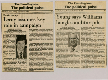A newspaper article discussing: David H. Leroy, the Republican candidate for lieutenant governor in Idaho, is a well-known and ambitious politician. At 35, he is seen as eager to move up in politics, sometimes taking attention away from other Republican candidates. His opponent, Democrat Mike P. Mitchell, is an experienced state senator and businessman.