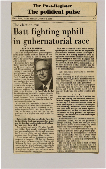 A newspaper article discussing: Lt. Gov. Philip E. Batt is running against Gov. John V. Evans in Idaho’s election, but no lieutenant governor has won in 50 years. Batt has become more conservative, while Evans' friendly style and long Democratic control give him an edge. Their recent debate showed their differences, making popularity an important factor.