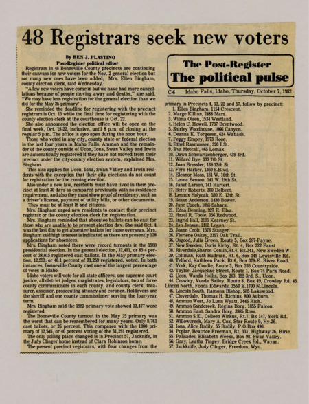 A newspaper article discussing: Voter registration in Bonneville County, Idaho, was declining ahead of the November 2, 1982, general election, with more cancellations than new registrations. County election clerk Ellen Bingham reminded residents of the registration deadlines and new residency requirements, while noting strong interest in absentee ballots. Despite historically high voter turnout, the May 1982 primary saw a record-low participation of only 26%.