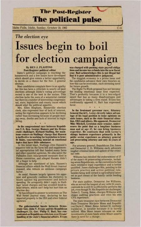 A newspaper article discussing: Idaho's election is coming up, with important races for Congress, governor, and other state offices. The main issues in the congressional race are George Hansen's effectiveness, while the governor’s race focuses on the economy and state finances. Other races include lieutenant governor, attorney general, and state auditor, where candidates discuss their experience and plans for the state.
