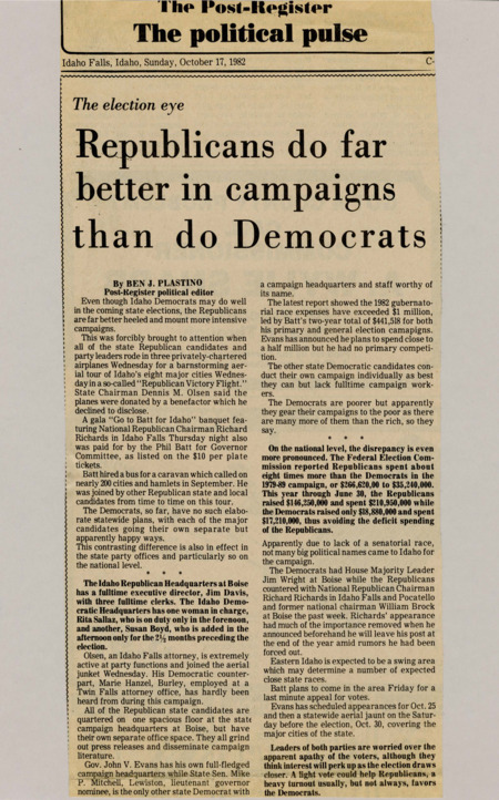 A newspaper article discussing: The Republican Party in Idaho is running a strong, well-funded campaign with big events and a full-time team. The Democratic Party, on the other hand, has fewer resources and candidates running their own separate campaigns. This difference is also seen nationally, where Republicans spend much more than Democrats.