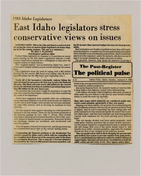 A newspaper article discussing: Eastern Idaho legislators are considering a sales tax increase to address a significant budget shortfall, despite opposition to repealing tax relief for businesses. Lawmakers support a gas tax hike for highway maintenance and are divided on other financial and policy issues, including a potential mineral severance tax. They also favor constitutional amendments to support higher education funding but oppose salary increases for state officials.