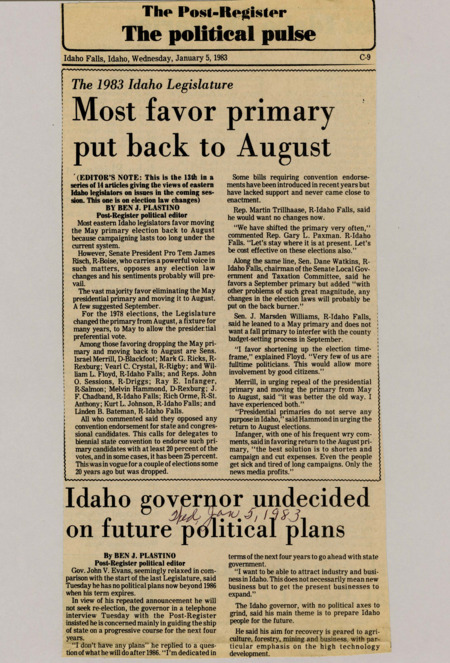 A newspaper article discussing: Gov. John V. Evans, in a recent interview, stated he has no political plans after 1986 and is focused on guiding Idaho’s government. He aims to promote business growth, attract industries, and expand existing businesses, with a focus on agriculture, forestry, mining, and high technology.