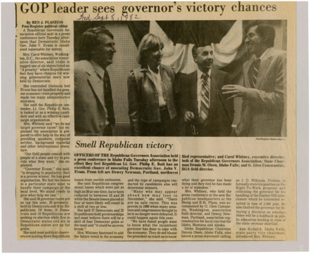 A newspaper article discussing: The Republican Governors Association sees Idaho's Democratic Gov. John V. Evans as vulnerable, with Lt. Gov. Philip E. Batt as a strong Republican contender. Carol Whitney criticized Evans' handling of the economy and offered campaign support. She emphasized that economic factors and campaign strategies will be key in determining election outcomes.