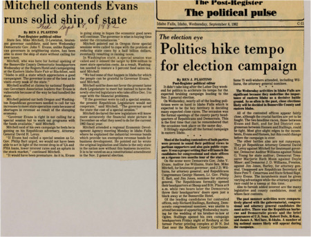 A newspaper article discussing: Political campaigns in Idaho intensified after Labor Day, with key party headquarters openings in Idaho Falls signaling the start of the election season. Leading candidates from both parties, including Gov. John Evans and Congressman George Hansen, were present to rally support for the Nov. 2 election. Tight races were expected, particularly for governor, congress, and attorney general, with eastern Idaho seen as a decisive battleground.