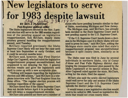 A newspaper article discussing: Several states, including Idaho, Michigan, and New Jersey, are involved in lawsuits over legislative reapportionment. In Idaho, a district judge ruled the state's reapportionment plan unconstitutional, but the case is now under appeal. A decision by Michigan's court could impact whether Idaho pursues further legal action or holds new elections in 1983.