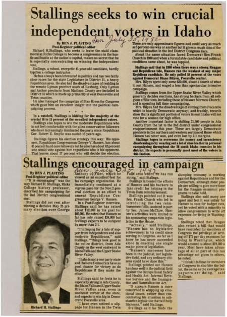 A newspaper article discussing: Richard H. Stallings is running for Congress against incumbent George V. Hansen, focusing on winning independent and moderate Republican votes. Stallings plans to overcome Hansen's advantages by personally campaigning across the 26 counties in his district. He is also hopeful that shifts in district boundaries will help him gain support from more Democratic-leaning areas.