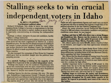 A newspaper article discussing: Richard H. Stallings is running for Congress against incumbent George V. Hansen, focusing on winning independent and moderate Republican votes. Stallings plans to overcome Hansen's advantages by personally campaigning across the 26 counties in his district. He is also hopeful that shifts in district boundaries will help him gain support from more Democratic-leaning areas.