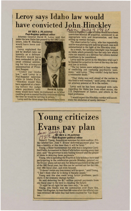 A newspaper article discussing: Nolan G. Young, the Republican nominee for state auditor, criticized Gov. John V. Evans' plan to delay payments, saying it is not a good financial decision. He argued that postponing payments, like $5.7 million in payroll, won't save money and could cause problems later, especially if the economy gets worse. Young won the nomination over State Sen. Dean Van Engelen by less than 500 votes after a recount.