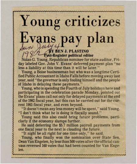 A newspaper article discussing: Nolan G. Young, the Republican nominee for state auditor, criticized Gov. John V. Evans' plan to delay payments, saying it is not a good financial decision. He argued that postponing payments, like $5.7 million in payroll, won't save money and could cause problems later, especially if the economy gets worse. Young won the nomination over State Sen. Dean Van Engelen by less than 500 votes after a recount.