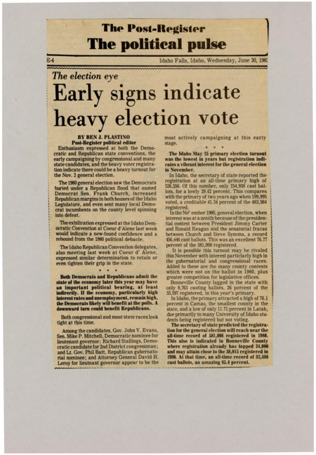 A newspaper article discussing: Both the Democratic and Republican parties are excited about the upcoming November 2 election, and high voter registration points to a big turnout. After losing in 1980, Democrats are feeling more confident, while Republicans want to keep control. With more people registered to vote, the races for governor, congress, and local offices will likely get a lot of attention.