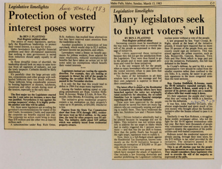 A newspaper article discussing: Idaho lawmakers, mainly Republicans, are focusing on protecting their own interests during financial struggles and avoiding ways to raise more money, like cutting tax credits. Even though they raised sales tax, they haven't tackled tax breaks for powerful industries. They're also trying to weaken a popular property tax relief program to please special interest groups.