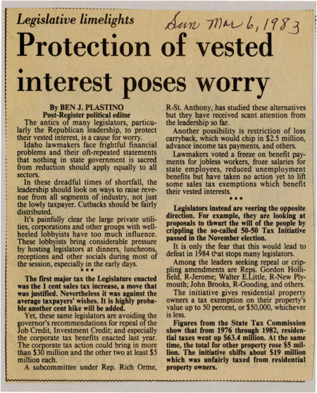 A newspaper article discussing: Idaho lawmakers, mainly Republicans, are focusing on protecting their own interests during financial struggles and avoiding ways to raise more money, like cutting tax credits. Even though they raised sales tax, they haven't tackled tax breaks for powerful industries. They're also trying to weaken a popular property tax relief program to please special interest groups.