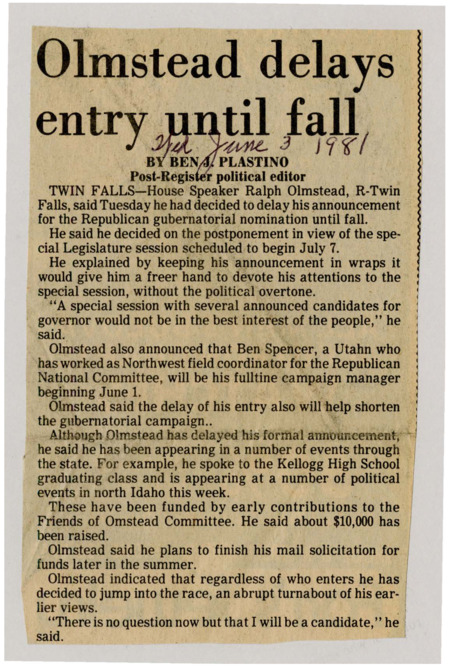 A newspaper article discussing: House Speaker Ralph Olmstead announced he will delay his formal announcement for the Republican gubernatorial nomination until fall to focus on the upcoming special legislative session. He also revealed that Ben Spencer, a Utah Republican strategist, will become his full-time campaign manager in June. Olmstead has already attended state events and raised around $10,000 for his campaign, confirming his intention to run for governor.
