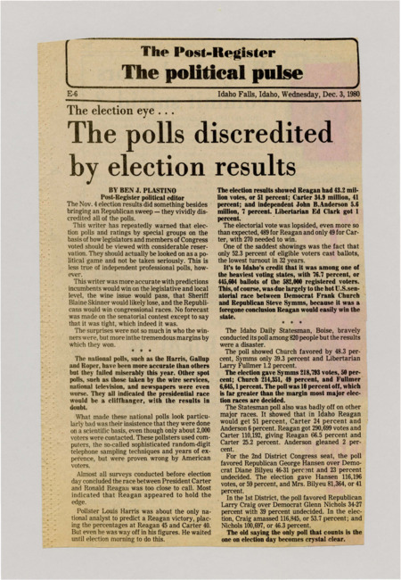 A newspaper article discussing: Ronald Reagan won the 1980 U.S. election with 51% of the vote and 489 electoral votes, while Jimmy Carter only got 41%. Many polls failed to predict such a big win for Reagan, despite using advanced methods. Voter turnout was low, with just 52.3% of eligible voters voting, though turnout was higher in Idaho because of the close Senate race.