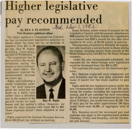 A newspaper article discussing: The Idaho legislative Compensation Committee has proposed to keep legislative salaries the same but increase the amount of daily expenses. These expenses haven't been increased in the last 4 years. Along with the increased daily expenses, it's expected the new daily schedule will make things easier for the state auditor.