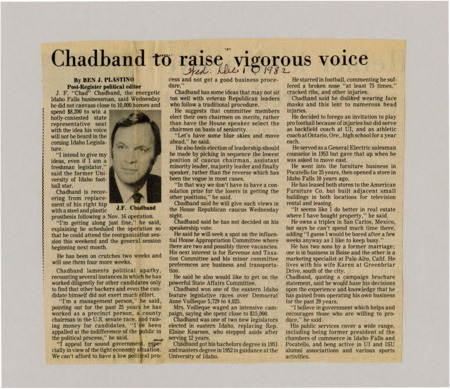 A newspaper article discussing: J.F. "Chad" Chadband, a businessman from Idaho Falls, wants to make a difference as a new state representative, even though he's recovering from hip surgery. He supports changing how leaders are chosen and wants to improve the political process. With his business experience, Chadband hopes to create policies that help the economy and encourage hard work.