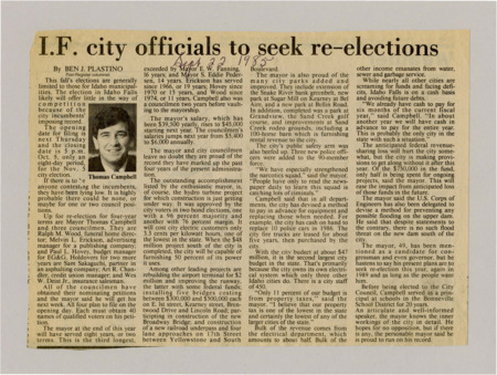 A newspaper article discussing: In the upcoming Idaho Falls elections, Mayor Thomas Campbell and three council members are running for re-election. They point to achievements like a new hydro turbine, better parks, and more police officers. The mayor's pay will go up next year, and the city is planning for possible federal funding cuts.