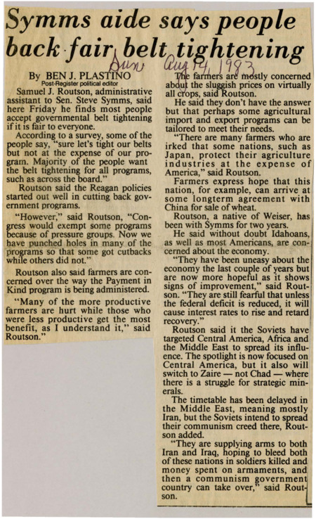 A newspaper article discussing: Samuel J. Routson talked about problems with U.S. farm policies and how countries like Japan hurt American farmers. He also mentioned concerns about the Soviet Union trying to gain power in places like Central America and the Middle East. While people are worried about the economy, they feel hopeful about recovery but are still concerned about the growing national debt.