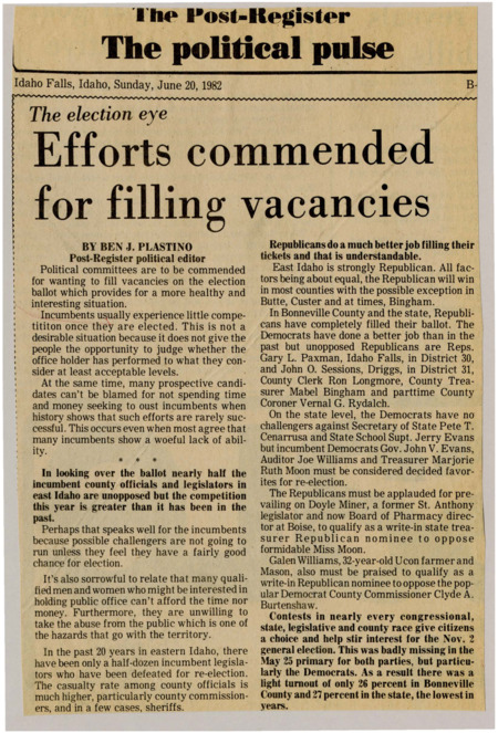 A newspaper article discussing: Political committees help fill ballot spots, making elections more competitive. Incumbents often have little competition because running for office is expensive and tough. In Eastern Idaho, most races are uncontested, but some, like state treasurer and county commissioner, could get more people to vote.
