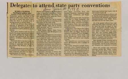 A newspaper article discussing: Next week, the Republican and Democratic parties will hold their conventions at Lake Coeur d'Alene to discuss party goals and important issues like Right-to-Work and abortion. The Democrats will meet from Sunday to Tuesday, and the Republicans will meet from Thursday to Saturday. Both parties will elect new officers, but no major challenges are expected.