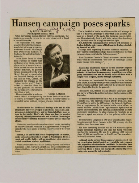 A newspaper article discussing: George V. Hansen, a Republican congressman from Idaho, is running for re-election against Democrat Richard H. Stallings. He is facing questions about his finances but denies any wrongdoing, saying it’s all part of political attacks. Hansen has a strong group of supporters, but his past elections have been close, and swing voters will be important in deciding the outcome.