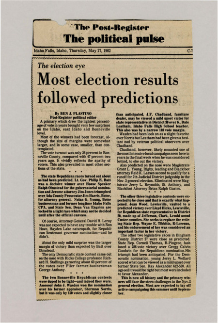 A newspaper article discussing: The Bonneville County primary had low voter turnout, with most results matching expectations. Lt. Gov. Philip E. Batt won the Republican governor race by a bigger margin than expected, and Jim Jones won for attorney general. Some local races had surprises, and now candidates are getting ready for the November election.
