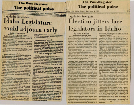 A newspaper article discussing: Lt. Gov. Philip E. Batt thinks lawmakers will soon agree on redistricting so they can focus on the state budget. He believes good politicians will win re-election no matter how the districts change. Batt has raised $130,000 for his campaign and is leading in the primary but expects a tough race against Gov. John V. Evans.