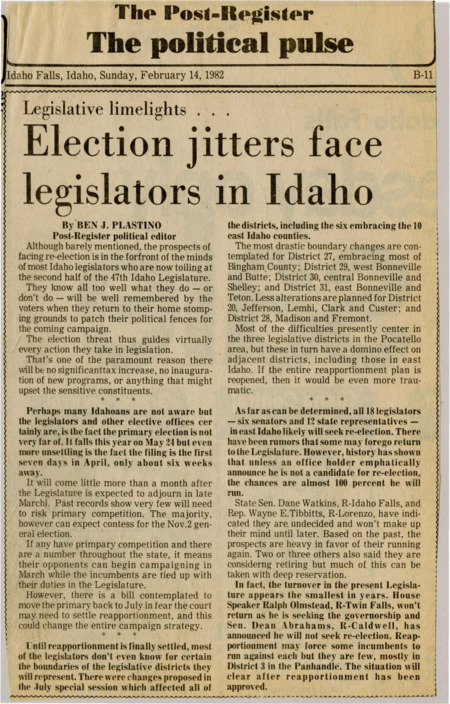 A newspaper article discussing: Many Idaho lawmakers are worried about upcoming elections and changes to voting districts. Most are expected to run again, but some are still deciding. Since district boundaries might change, it could affect how and where they campaign.