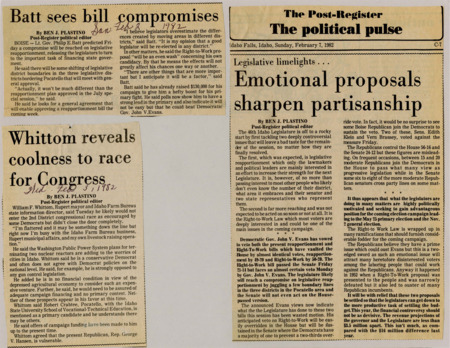 A newspaper article discussing: The Idaho Legislature started with big debates on new voting districts and a Right-to-Work law. Governor John V. Evans plans to reject both, and his veto on Right-to-Work will likely stand. After these issues are settled, lawmakers can focus on the state budget.
