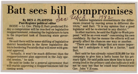 A newspaper article discussing: Lt. Gov. Philip E. Batt thinks lawmakers will soon agree on redistricting so they can focus on the state budget. He believes good politicians will win re-election no matter how the districts change. Batt has raised $130,000 for his campaign and is leading in the primary but expects a tough race against Gov. John V. Evans.