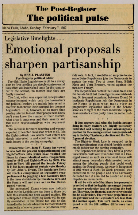 A newspaper article discussing: The Idaho Legislature started with big debates on new voting districts and a Right-to-Work law. Governor John V. Evans plans to reject both, and his veto on Right-to-Work will likely stand. After these issues are settled, lawmakers can focus on the state budget.