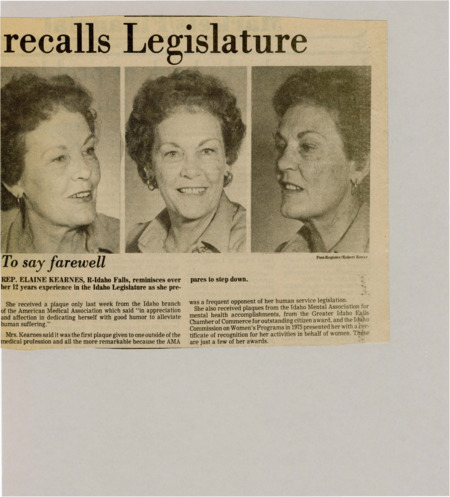 A newspaper article discussing: Rep. Elaine Kearnes from Idaho Falls is retiring after 12 years in office. She won several awards, including one from the Idaho AMA, even though they sometimes disagreed with her work. She was also honored for helping with mental health, community service, and women's rights.