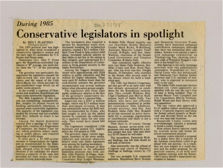 A newspaper article discussing: In 1985, Idaho’s lawmakers passed new laws on water rights, child abuse reporting, and indoor smoking but didn't provide enough money for schools or state workers. Politicians started early campaigns for the 1986 elections, with big races for U.S. Senate and House seats. In local elections, Idaho Falls leaders stayed in office, a new swimming pool was approved, and Ammon’s plan for a police force led to a recall effort.