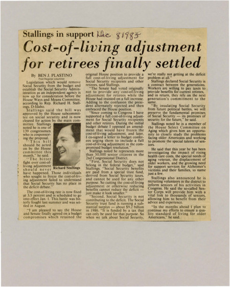 A newspaper article discussing: A new bill aims to make Social Security its own agency, separate from the federal budget, to protect its funding. Congressman Richard H. Stallings supports this and wants to make sure Social Security payments keep up with rising costs. He is also working on issues that affect older adults, like healthcare, jobs, and Alzheimer's support.