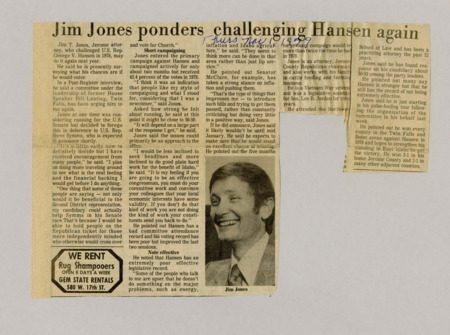 A newspaper article discussing: Jerome Jones, a lawyer and Vietnam veteran, is thinking about running again against Congressman George Hansen. He says Hansen hasn't done a good job and promises to work harder if elected. Jones is talking to people and will decide by January if he'll run.
