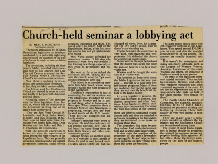A newspaper article discussing: Twenty-six Idaho Republican legislators attended anti-communism seminars hosted by the Unification Church, raising concerns about outside influence on their decisions. Some lawmakers defended their attendance, while others acknowledged the strong influence of lobbyists in shaping legislation. Critics argue that many legislators prioritize special interest groups over the needs of everyday Idahoans.