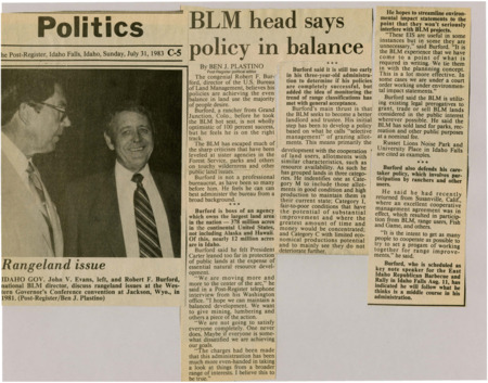 A newspaper article discussing: Robert F. Burford, leader of the BLM, wants to manage public lands in a fair and balanced way. He works with ranchers and other land users to take care of the land based on its condition. Burford also wants to make rules simpler and allow both land protection and resource use.