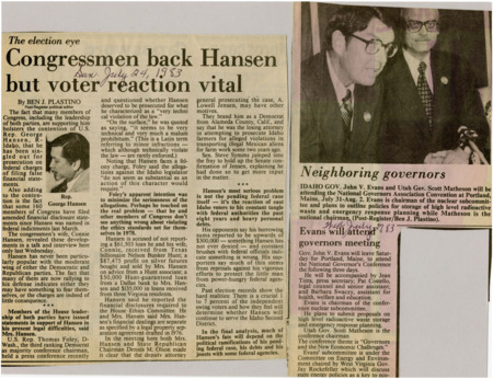 A newspaper article discussing: U.S. Rep. George Hansen from Idaho is facing charges for not correctly reporting his finances. Many lawmakers, from both parties, are supporting him, saying he may be unfairly targeted. Hansen's future in politics depends on how voters in his district react to his legal and financial problems.