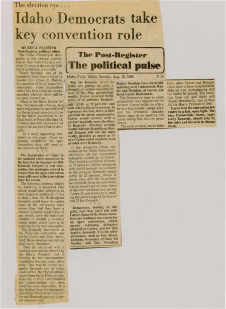 A newspaper article discussing: The Idaho Democratic delegation has 17 votes but could still have some influence, especially with Cy C. Chase, a Ted Kennedy supporter, on the rules committee. His role might help push for an open convention where delegates can vote freely. Even so, polls show Jimmy Carter is still popular in Idaho, though many Democrats are unsure he can beat Ronald Reagan in the general election.