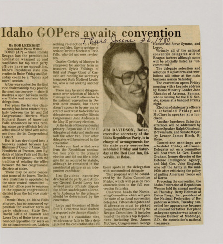 A newspaper article discussing: The Idaho Republican convention in Boise this weekend will mainly focus on picking delegates for the national convention and choosing new officers, with a close race for vice chair. There might be some debate about how to handle delegates from Congressman John Anderson, but no big conflicts are expected. Speakers like House Minority Leader John Rhoades and Senate candidate Larry Symms will also attend.