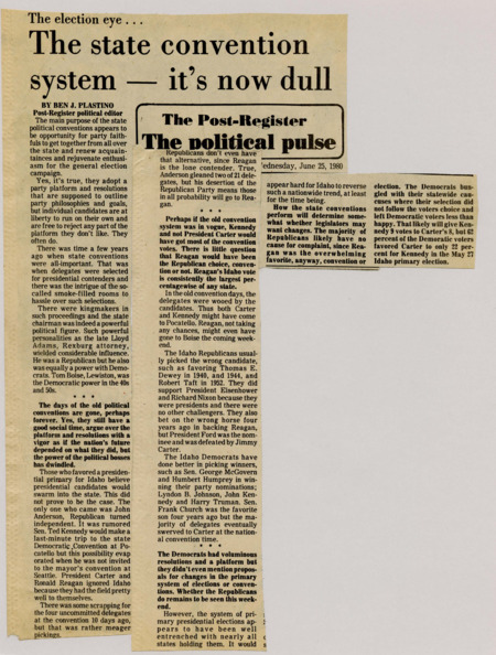 A newspaper article discussing: State political conventions are mostly social events where party members gather to get excited for the election. The role of conventions in picking presidential candidates has decreased with the rise of primaries. Even though there are many resolutions, there's little talk about changing the primary election system, which is now well-established.